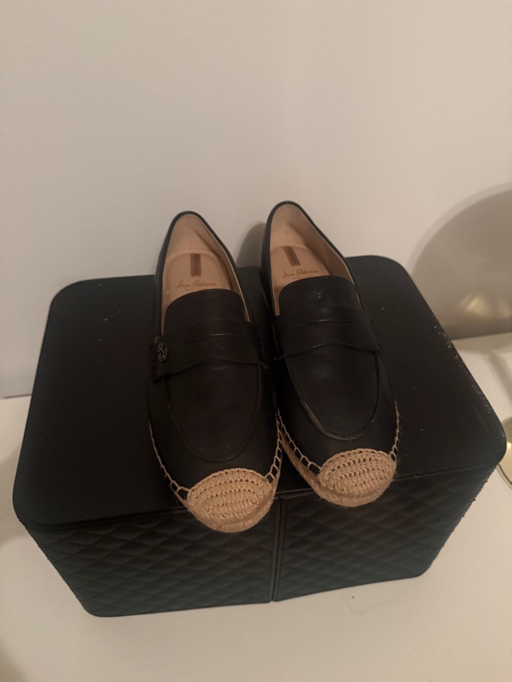 Sam Edelman Black Slip-On Espadrille Loafers with Natural Jute Toe